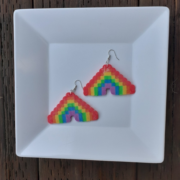 Handmade Pixel Rainbow Dangle Earrings Sprite Art Kidcore Hand Crafted - Picture 2 of 3
